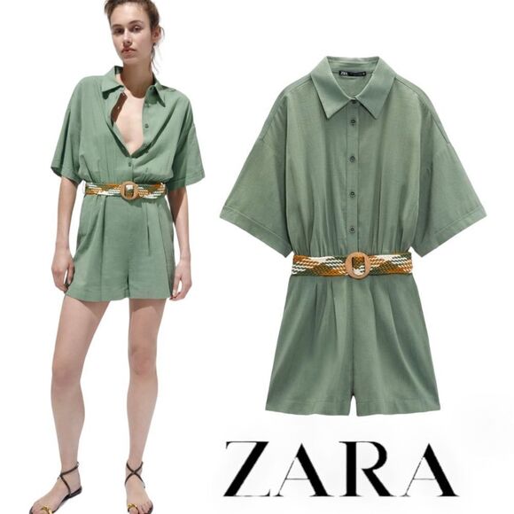 ZARA | Light Khaki | BRAIDED BELT SHORT JUMPSUIT - Picture 1 of 9